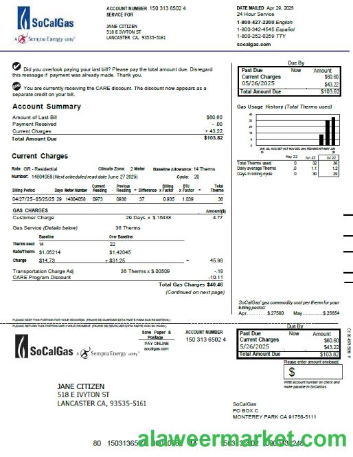 USA So Cal Gas utility bill template in Word and PDF formats, version 3